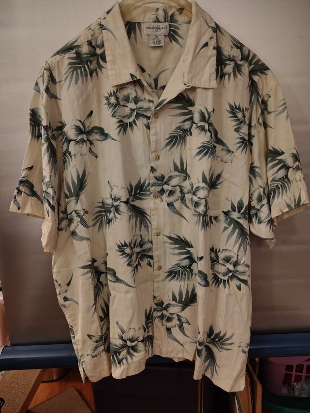 Mans Hawaiian Shirt Cream w/Green Palm Leaves 2XL KingsBridge Silk/Cotton China